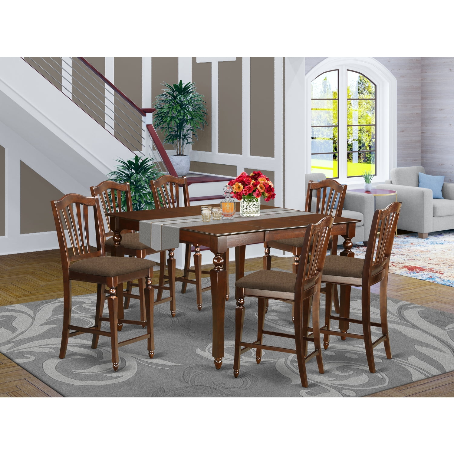 Mahogany 54" Square Pub Table with 6 Upholstered Chairs