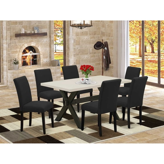 East West Furniture 7-Piece Dinette Set Includes 6 Dining Room Chairs with Upholstered Seat and High Back and a Rectangular Dining Room Table - Black Finish