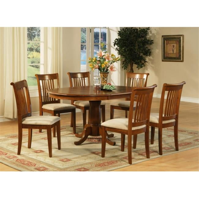 Saddle Brown Oval Dining Table Set with 6 Linen Chairs