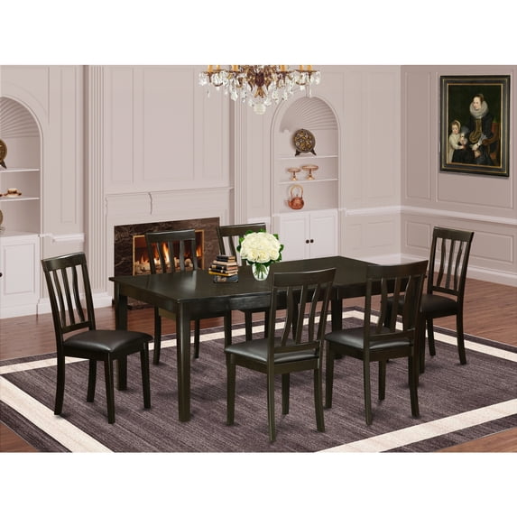 Dining Set-Table With Leaf And 6 Dinette Chairs-Finish:Cappuccino,Number of Items:7,Shape:Rectangular,Style:Leather Seat