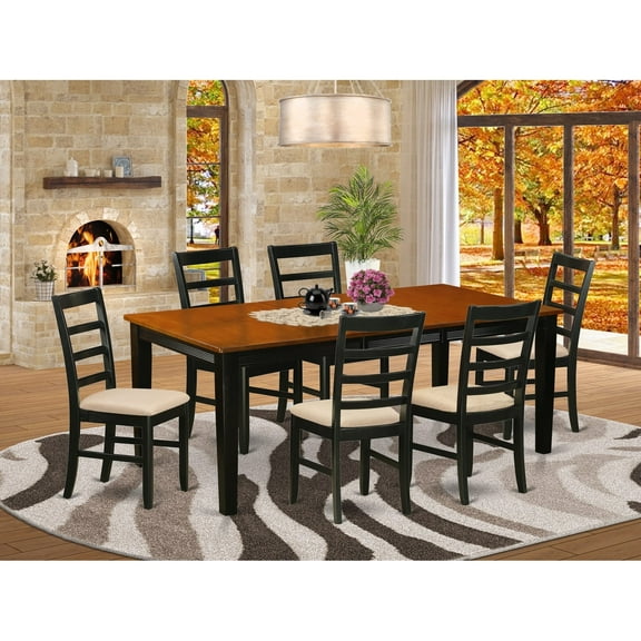 East West Furniture  7 Piece Dining Table Set- a Rectangle Dining Room Table and 6 Kitchen Chairs, Black & Cherry(Seat Options) Black Microfiber