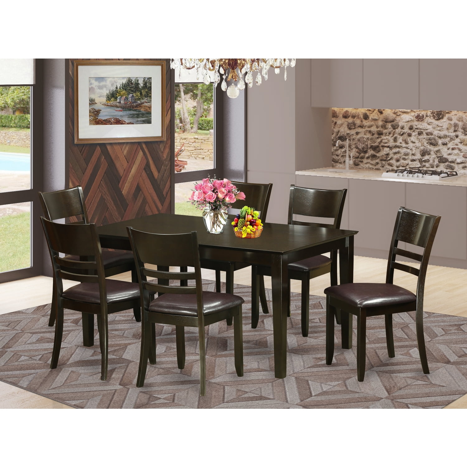 East West Furniture 7 Piece Formal Dining Room Table and 6
