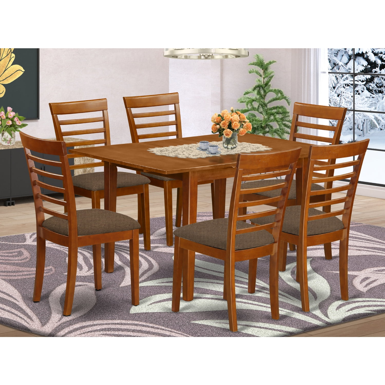 East West Furniture 7 Piece Kitchen Nook Dining Set Breakfast Nook and 6 Dining Chairs In Brown