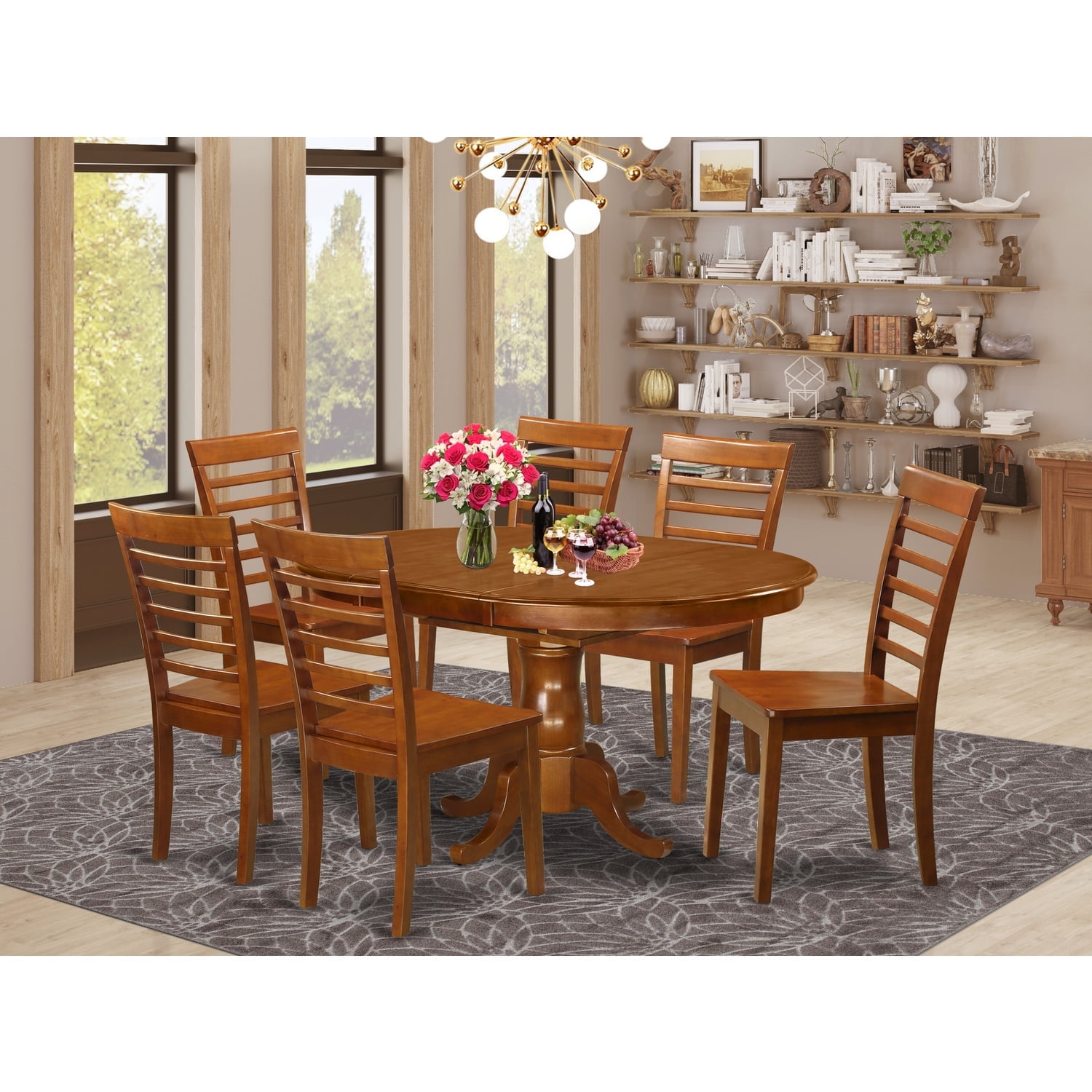 Saddle Brown Oval Dining Table Set with 6 Ladder Back Chairs