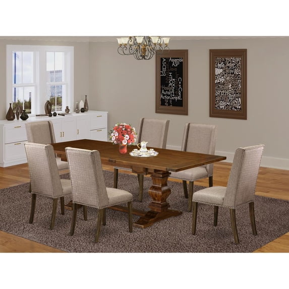 East West Furniture Lassale 7-piece Wood Dining Set in Walnut/Dark Khaki