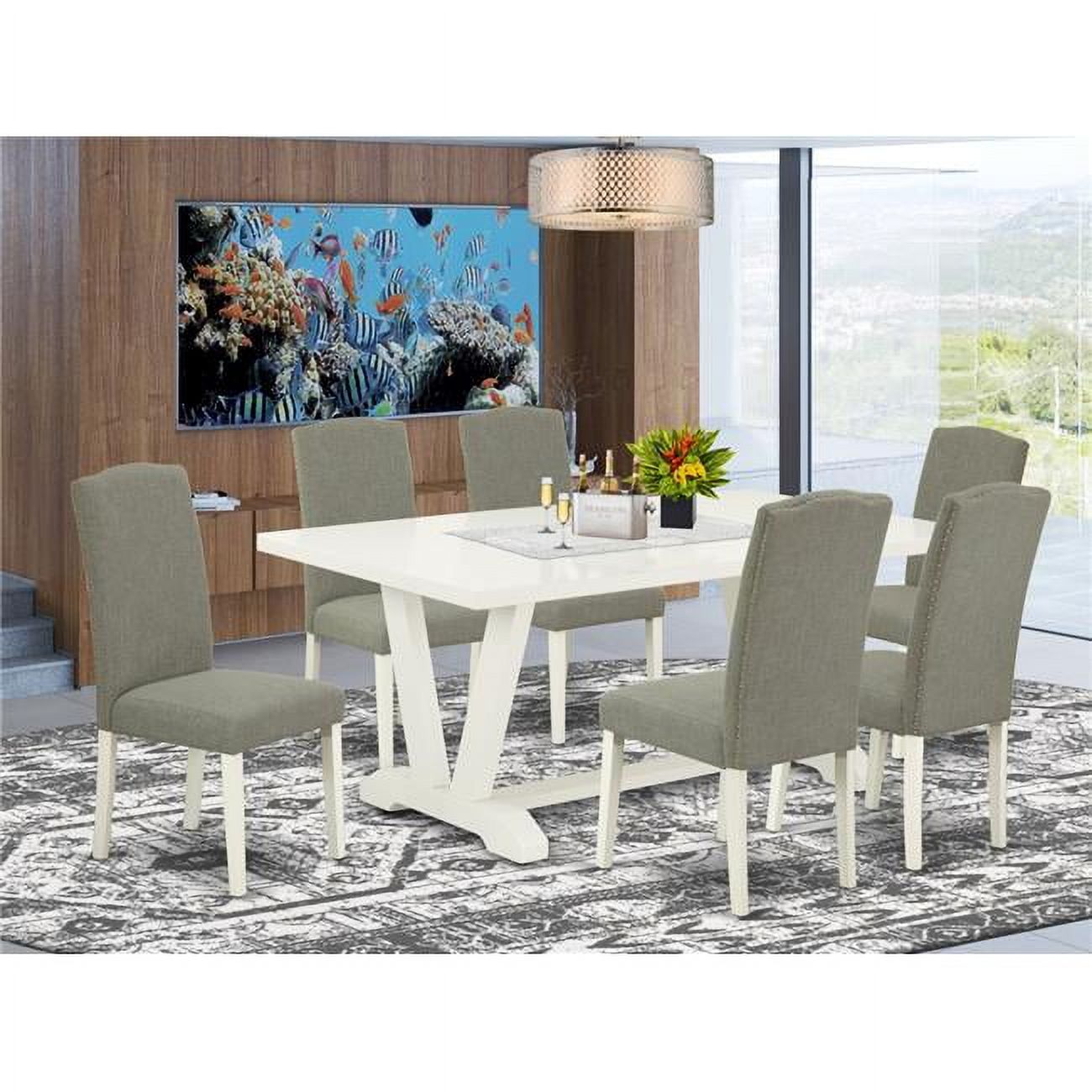 East West Furniture 7 Piece VStyle Dining Table Set Dark Shitake