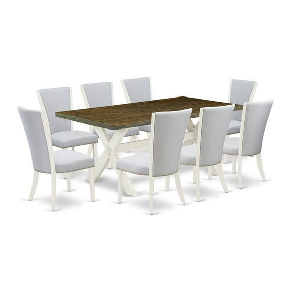 East West Furniture 9-Pc Dining Table Set Consists of 8 Dining Chairs with Upholstered Seat-Rectangular Rectangular Dining Table - Distressed Jacobean and Wirebrushed Linen White Finish