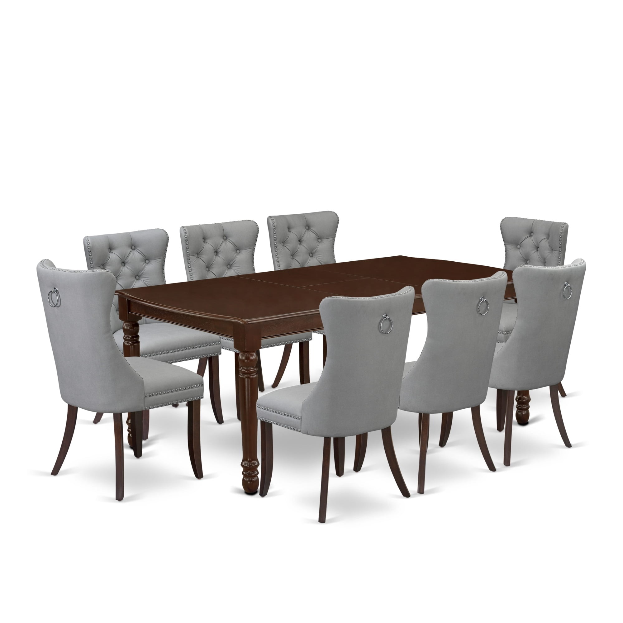 Mahogany Rectangular Dining Set with Light Gray Upholstered Chairs, 9-Piece
