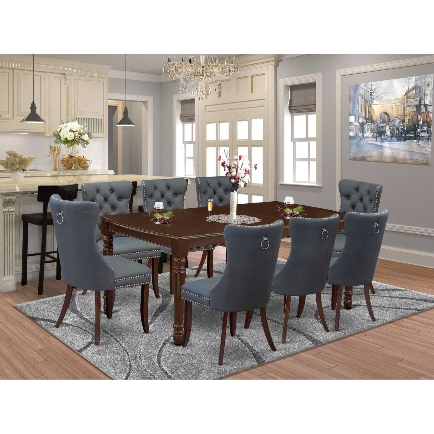 Mahogany and Platinum Gray 9-Piece Dining Set with Faux Leather Chairs