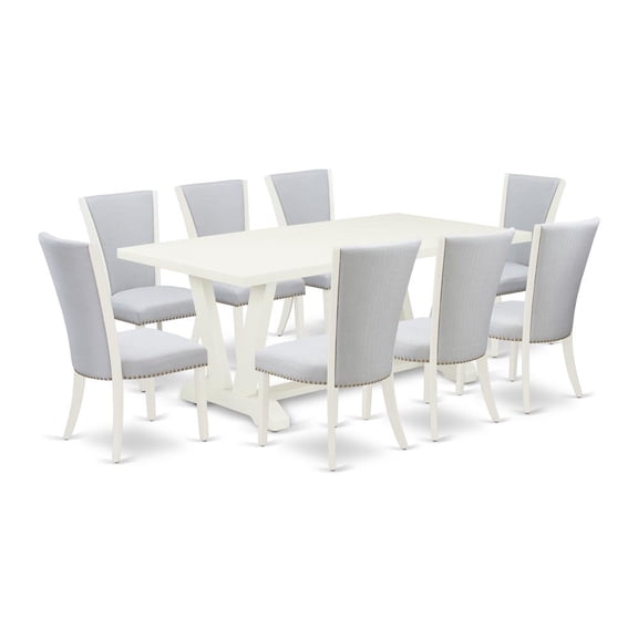 East West Furniture 9-Piece Kitchen Table Set Consists of 8 Mid Century Chairs with Upholstered Seat and Stylish Back-Rectangular Dining Room Table - Linen White and Wirebrushed Linen White Finish