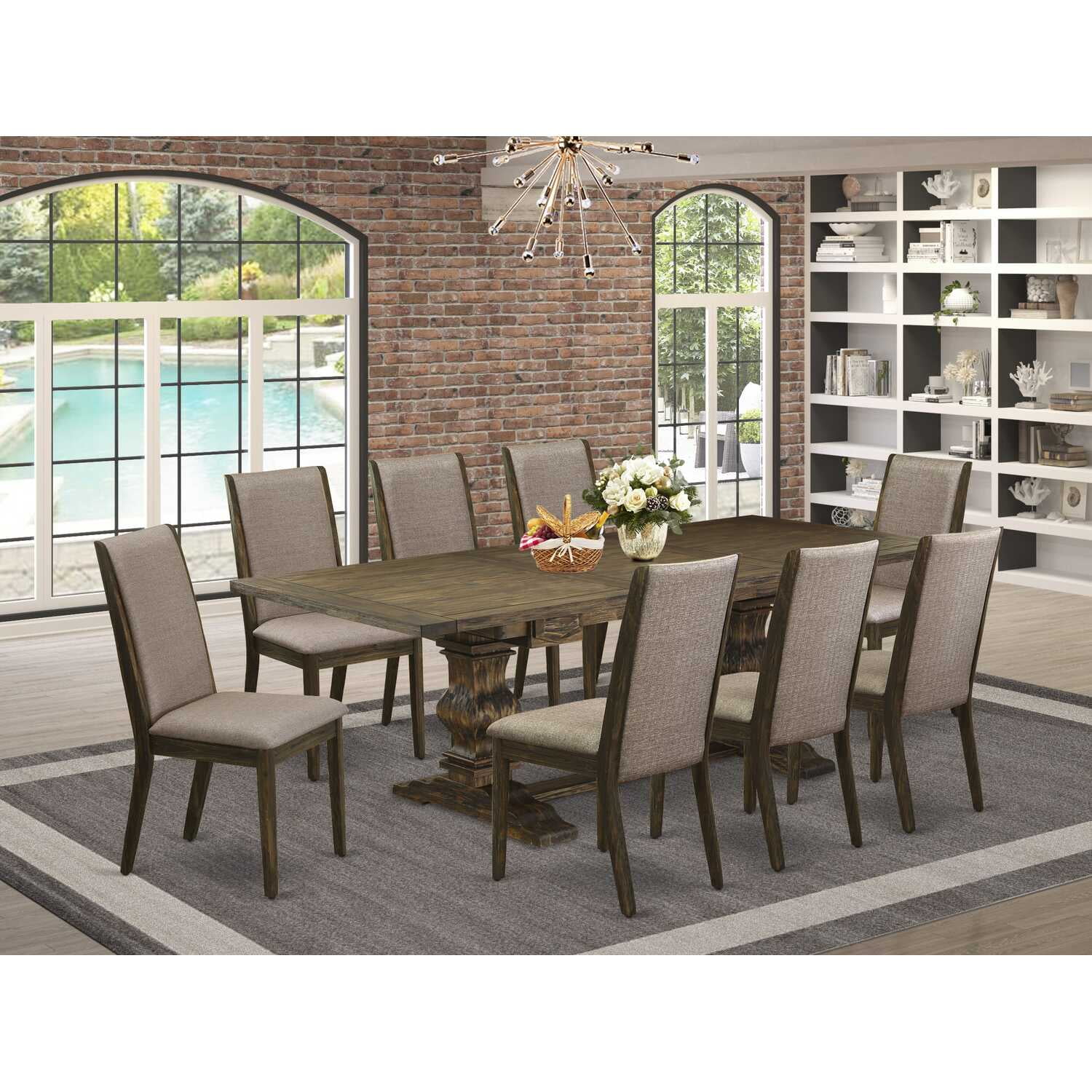Jacobean Elegance 9-Piece Dining Set with Distressed Finish & Dark Khaki Chairs