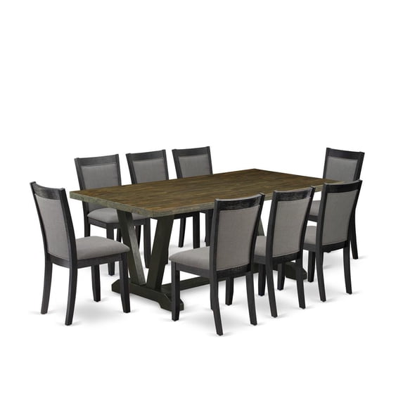 East West Furniture V-Style 9-Piece Wood Dining Set in Black/Dark Gray/Jacobean
