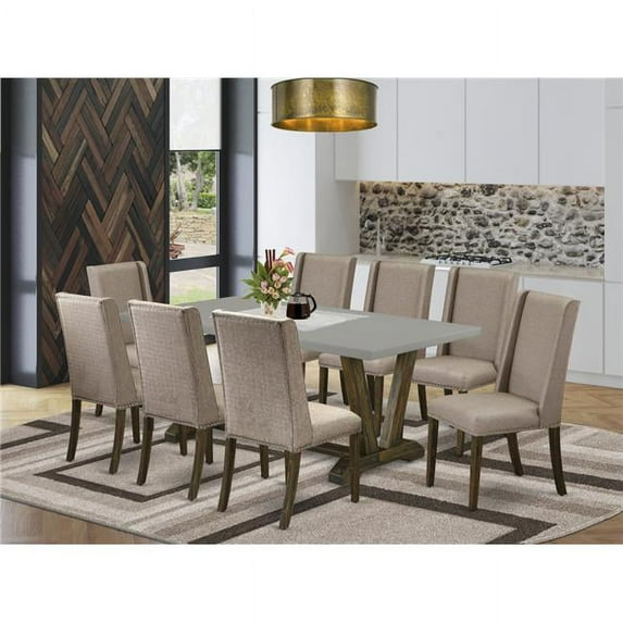East West Furniture 9 Piece V-Style Rectangular Dining Table Set - Dark Khaki