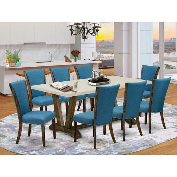 East West Furniture 9-Piece Dining Set - 40x72 Table & 8 Linen Chairs-Color:Blue,Material:Wood