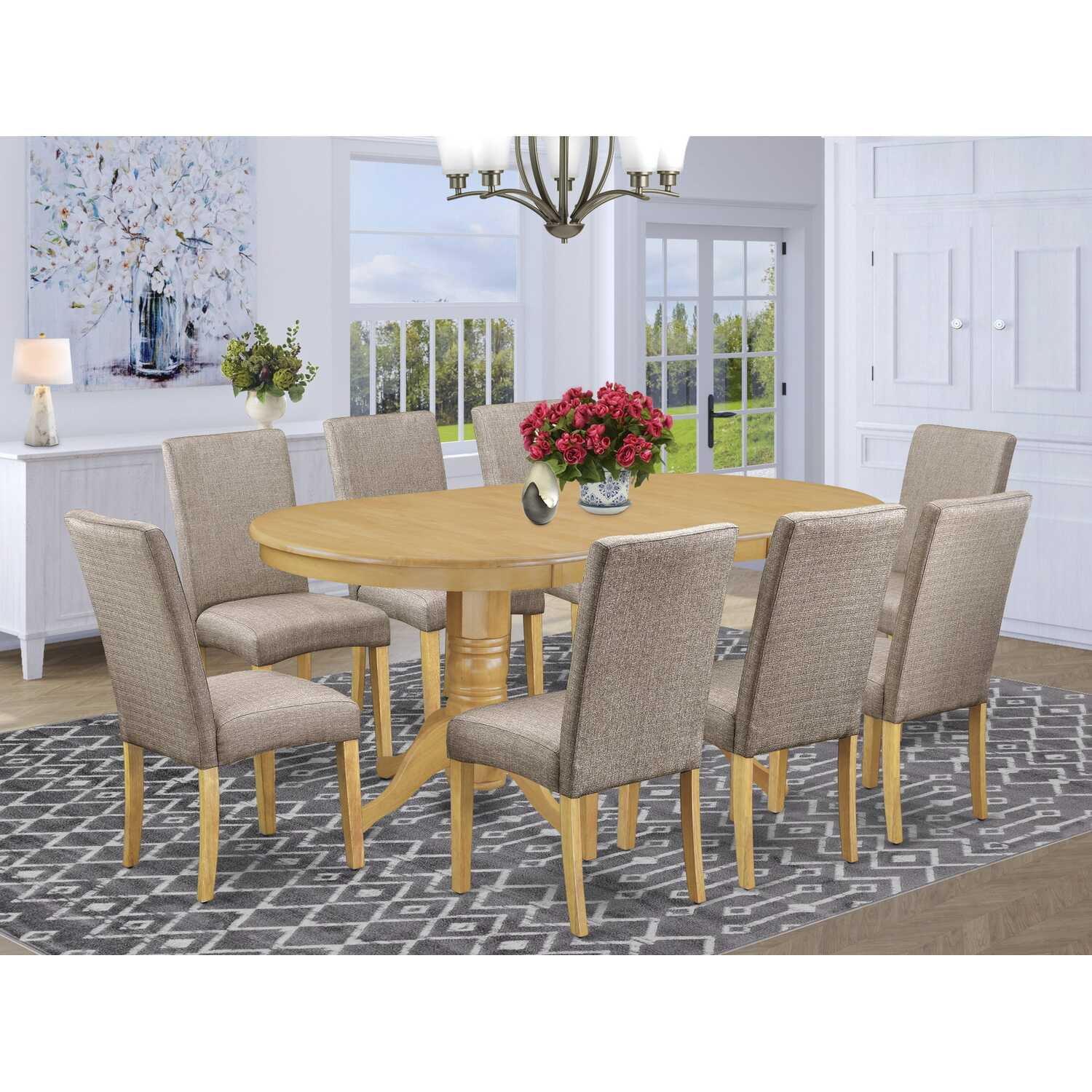 Elegant Oak Finish Oval Dining Set with 8 Dark Khaki Linen Chairs