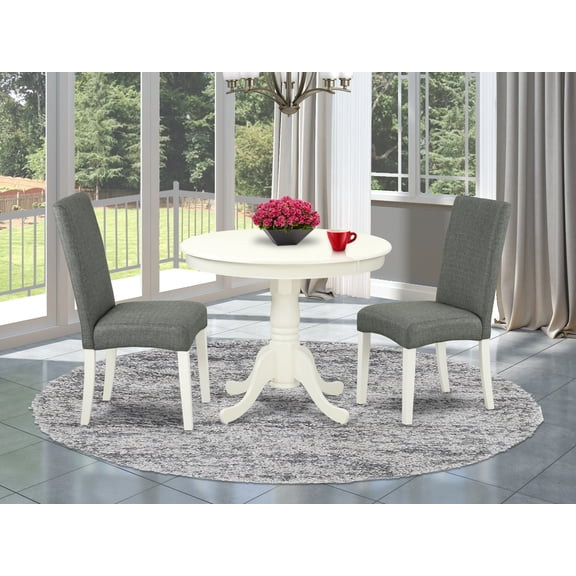 East West Furniture ANDR3-LWH-07 3-Pc Round 36" Table - Parson Chair With Linen White Finish Leg and Linen Fabric Gray Finish