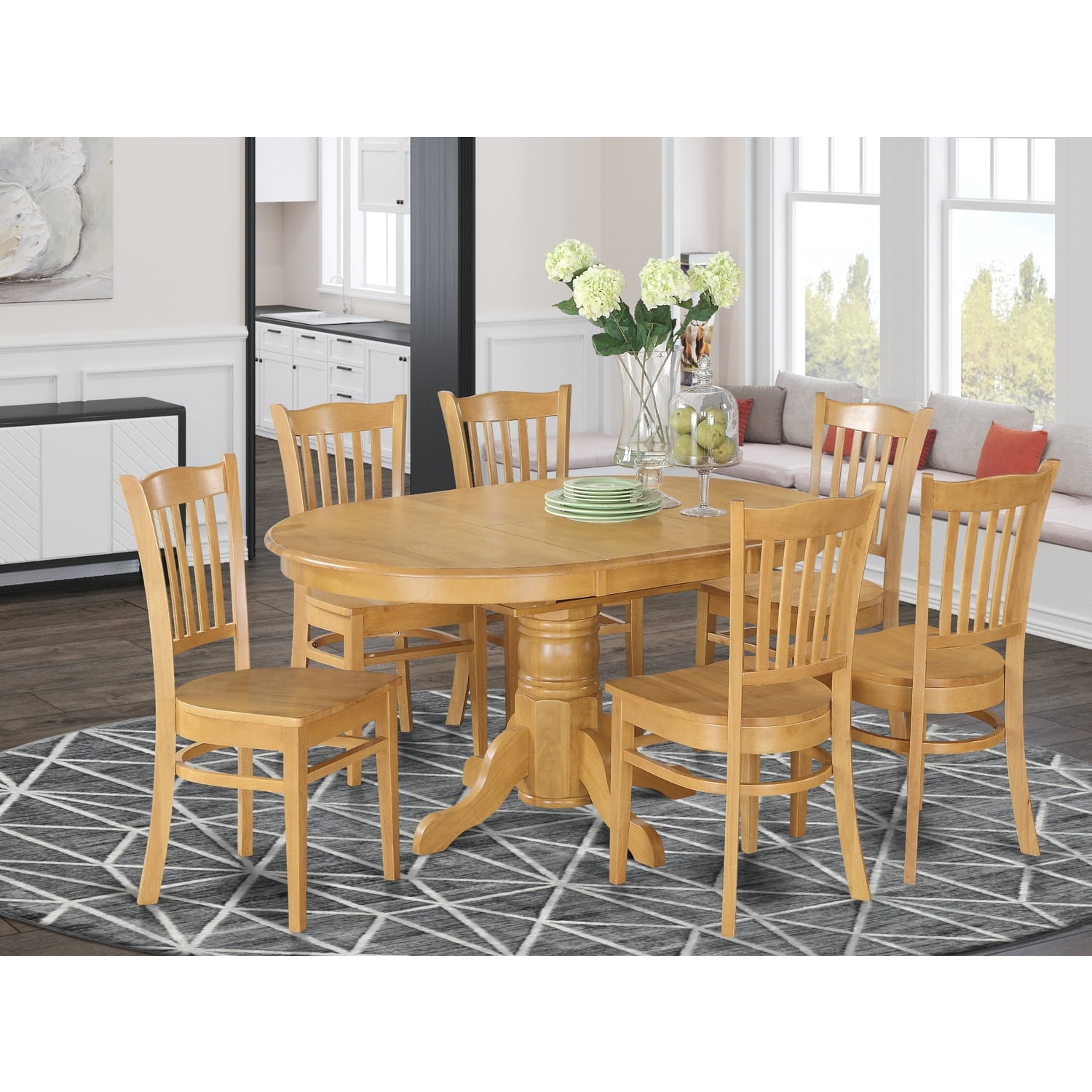 7-Piece Oak Dining Room Set - Extendable Oval Dinette Table with Leaf ...