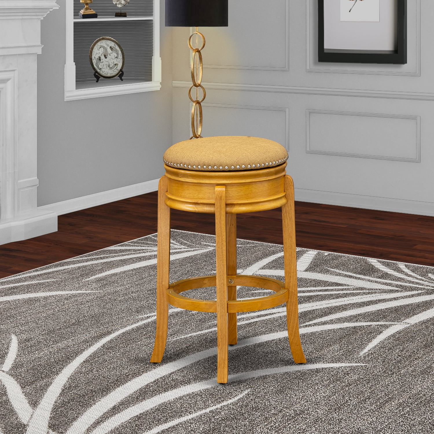 Swivel Backless White Leather & Wood 30" Bar Stool