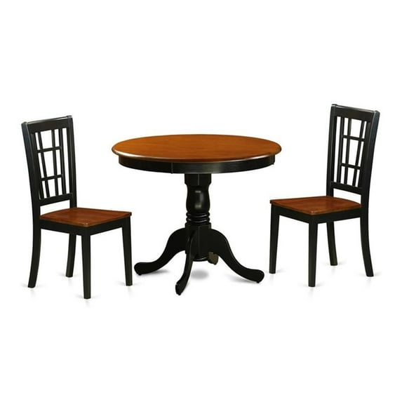 East West Furniture Antique 3-piece Dining Set with Wood Seat in Black & Cherry