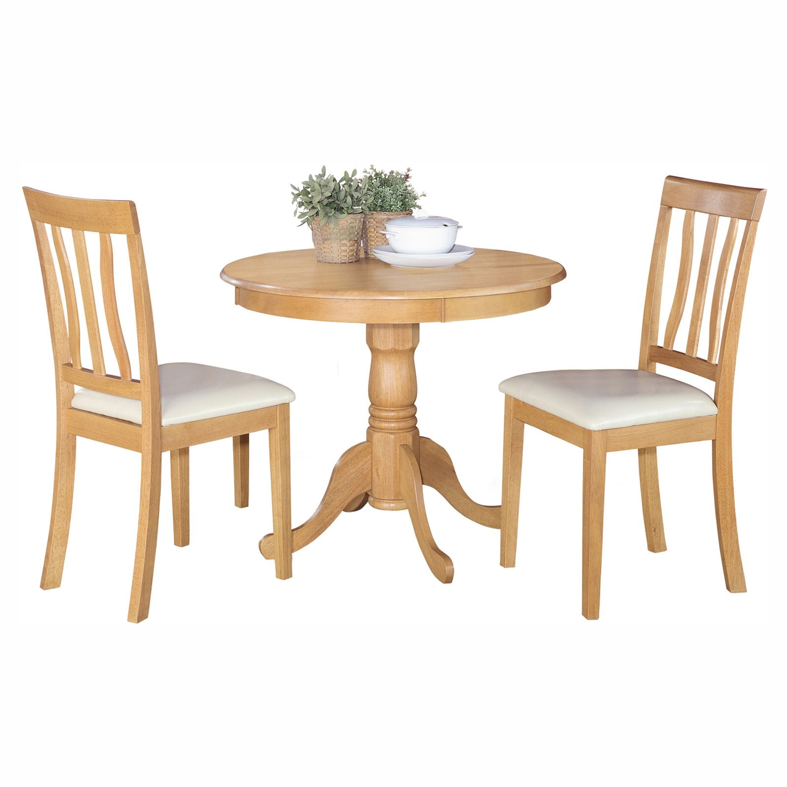 Oak Finish 3-Piece Round Pedestal Dining Set with Faux Leather Chairs