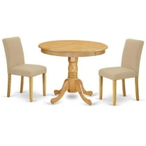 ANAB3-OAK-04 3Pc Rounded 36 Inch Dinette Table And Two Parson Chair With Oak Leg And Linen Fabric Light Fawn