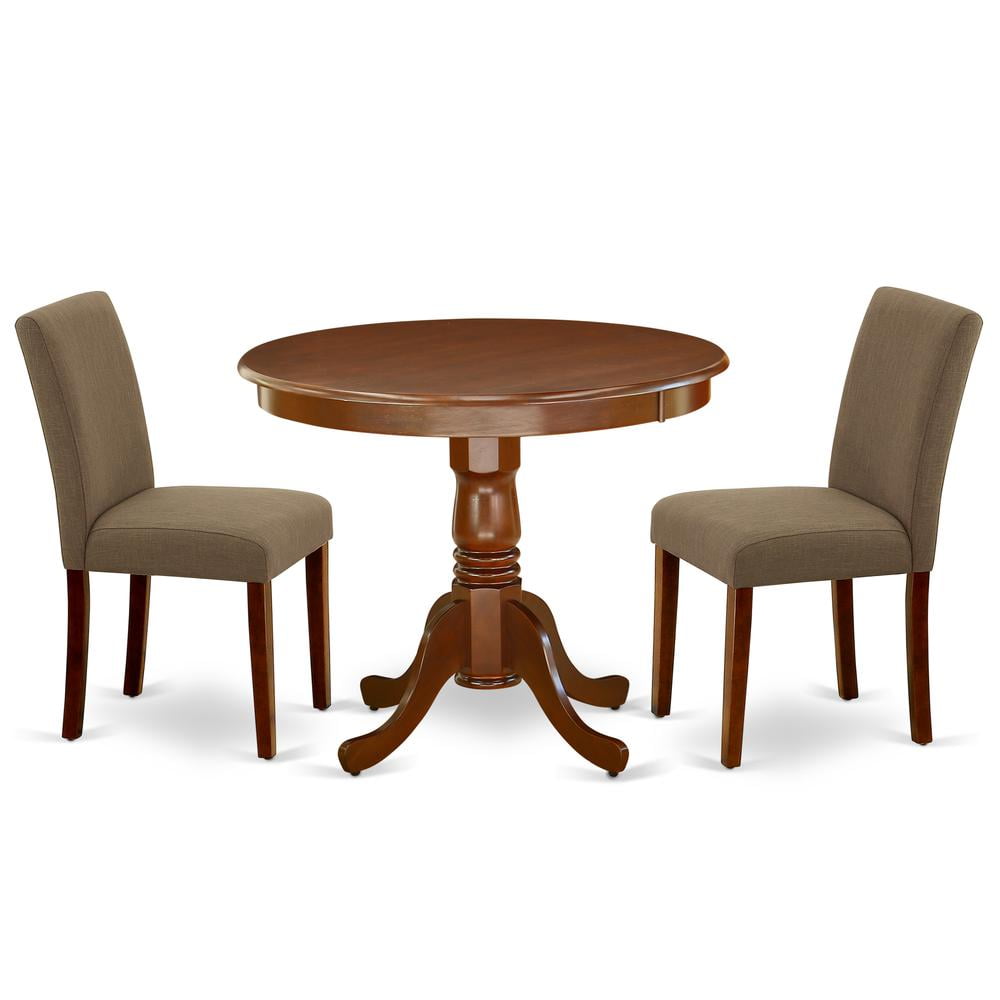 Mahogany Round Dining Table Set with Coffee Linen Chairs