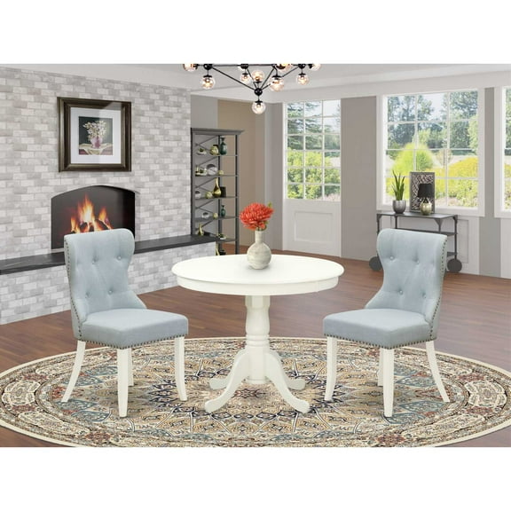 East West Furniture ANSI3-LWH-15 - A dining set of 2 fantastic indoor dining chairs with Linen Fabric Baby Blue color and a gorgeous 36-Inch Antique modern dining table with Linen White color