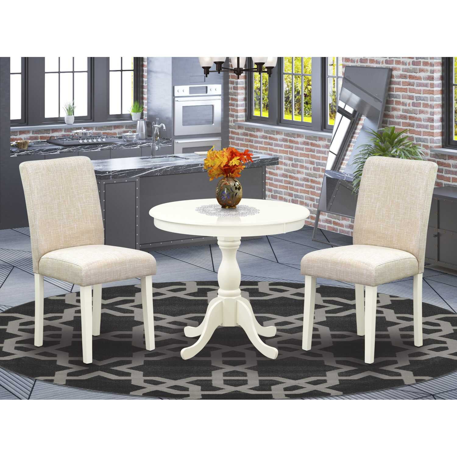 Linen White Round Dining Table Set with Beige Upholstered Chairs