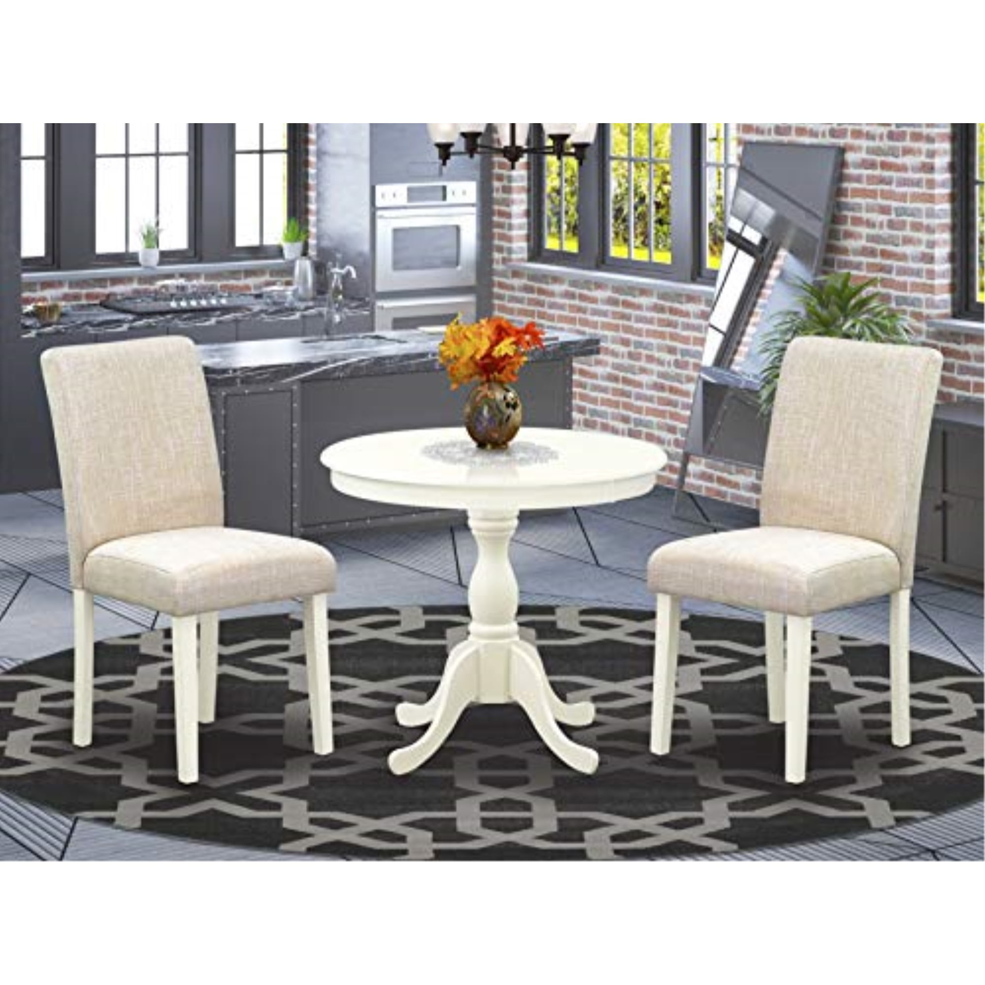 Linen White Round Dining Table Set with Beige Upholstered Chairs