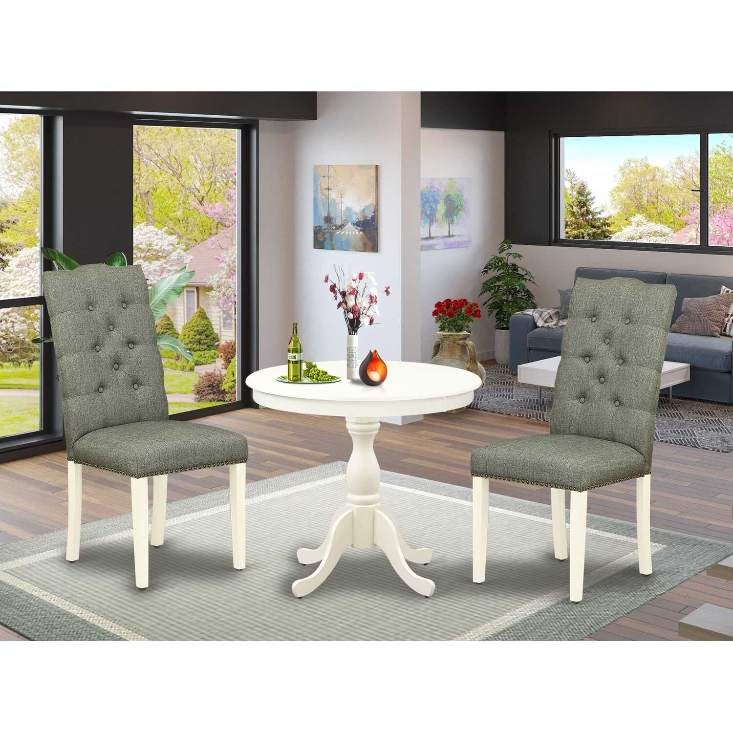 Linen White 3-Piece Round Pedestal Dining Set with Gray Upholstered Chairs