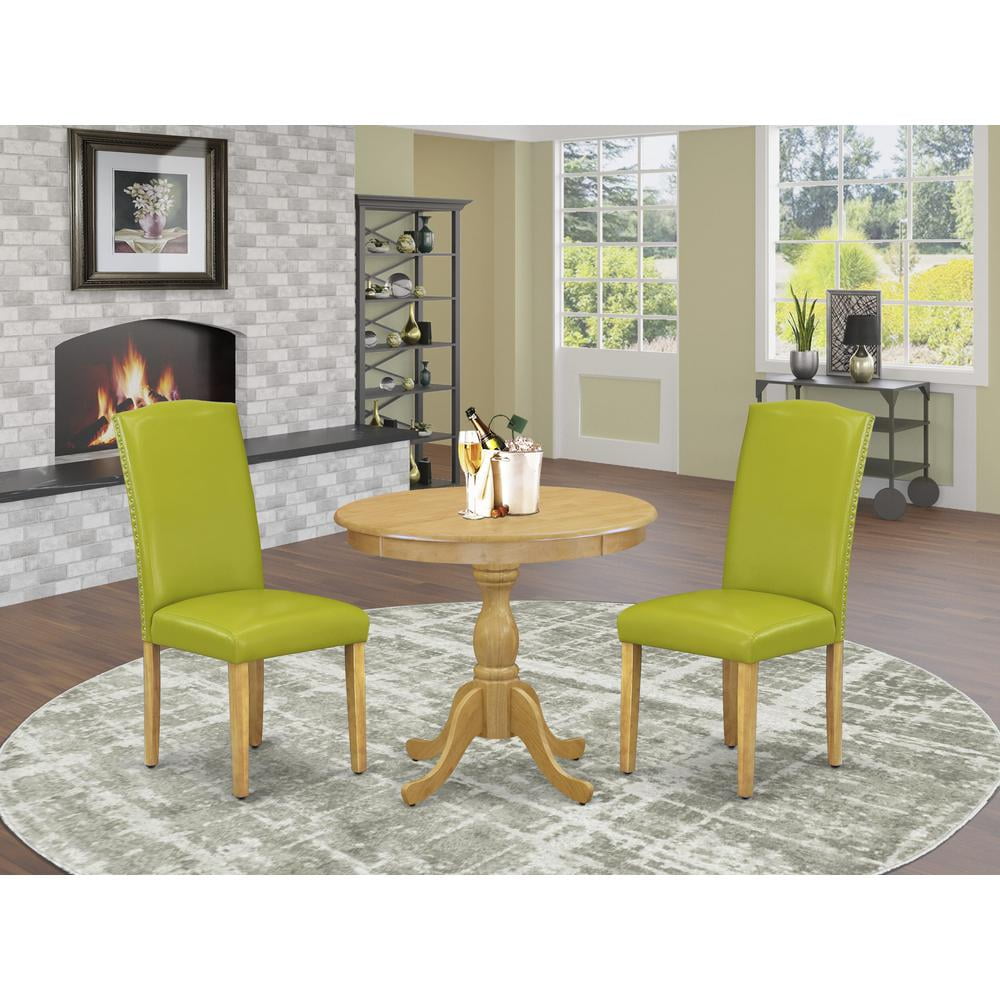 Oak Finish 3-Piece Dining Set with Green PU Leather Chairs