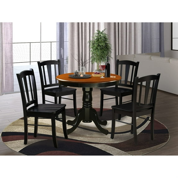 East West Furniture ANDL5-BLK-W - 5-Pc Kitchen Dining Room Set- 4 Dining Chairs and Kitchen Dining Table - Wooden Seat and Slatted Chair Back (Black Finish)