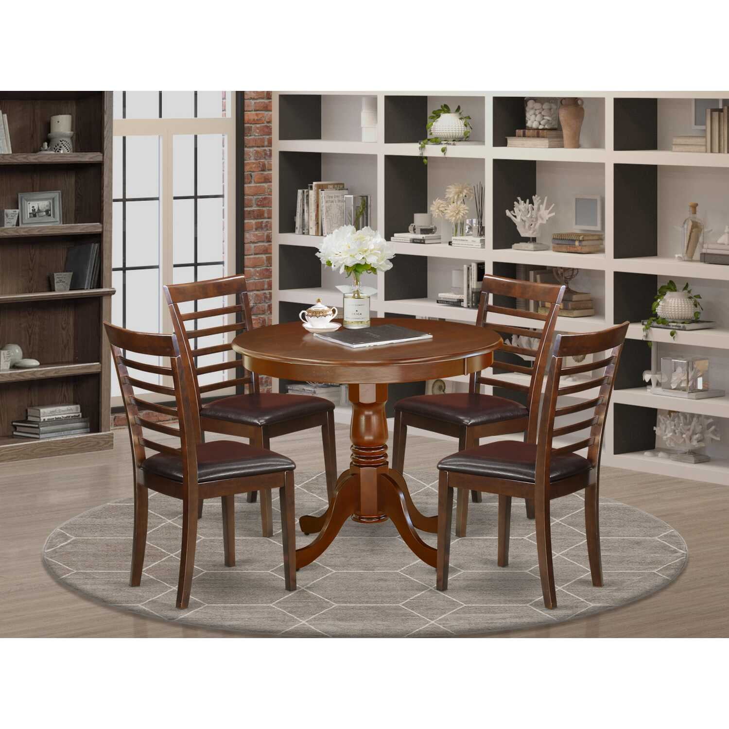 Mahogany Round Pedestal Dining Table with 4 Faux Leather Chairs