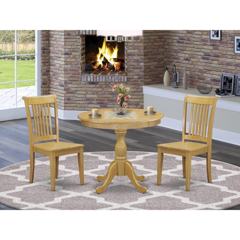 Classic Oak 3-Piece Round Pedestal Dining Set with Slatted Back Chairs