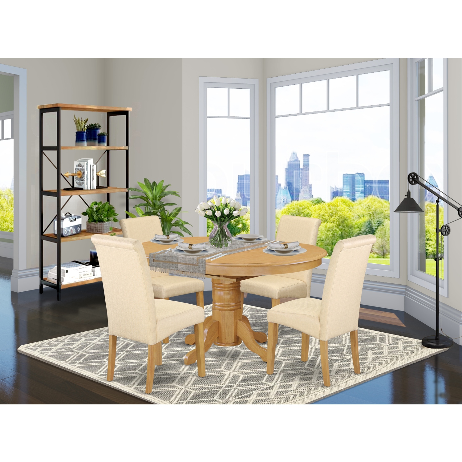 East West Furniture Avon 5piece Wood Dining Set in Oak/Beige