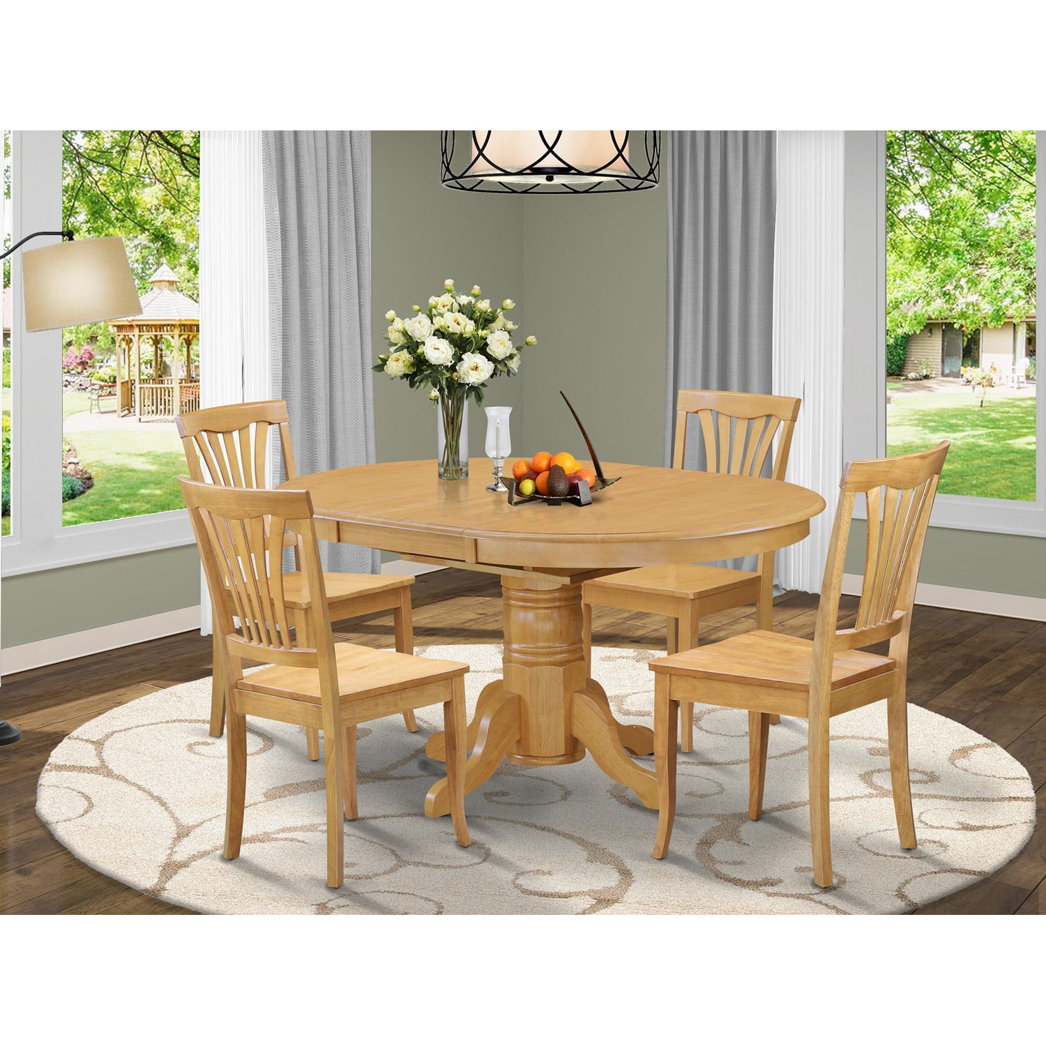 Oak Finish Oval Pedestal Dining Table Set with 4 Slat Back Chairs