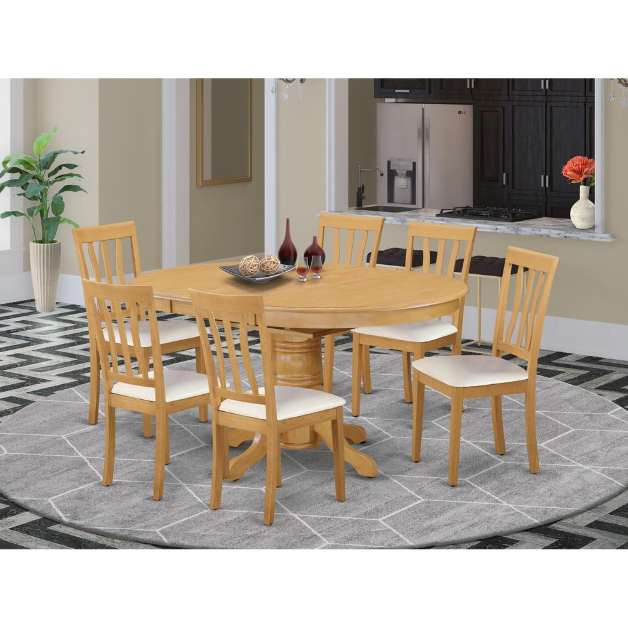 Natural Oak Finish 7-Piece Oval Dining Table Set with High Back Chairs