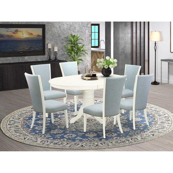 East West Furniture East-West Furniture AVVE7-LWH-15 - A dinette set of 6 wonderful kitchen dining chairs with Linen Fabric Baby Blue color and a wonderful 18" butterfly leaf oval dining room...