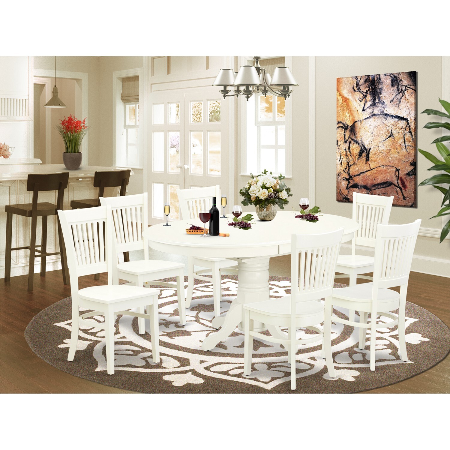 East West Furniture Avon 7piece Wood Kitchen Table and Chairs in Linen