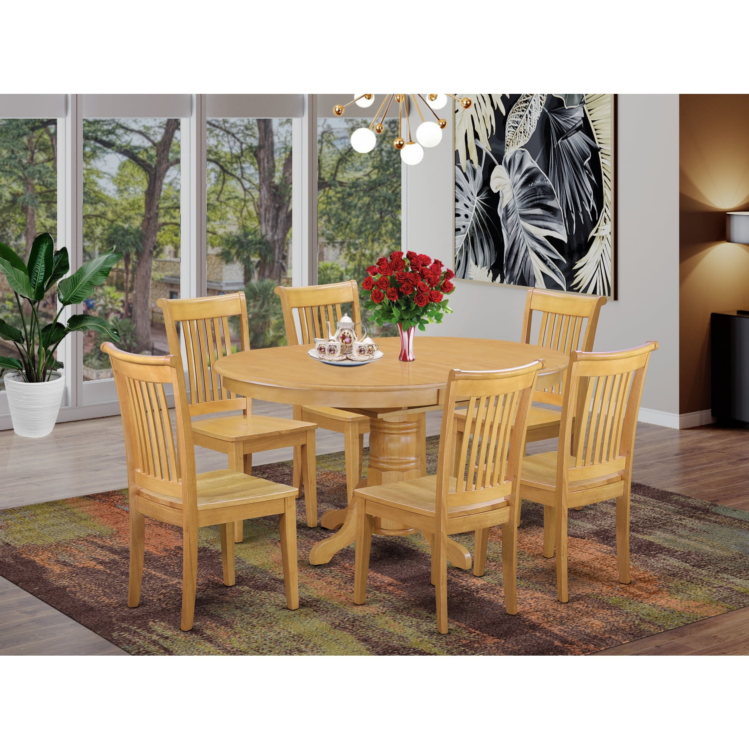 Oak Finish 7-Piece Round Pedestal Dining Set