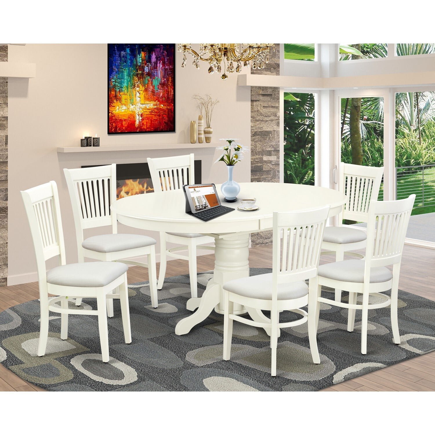East West Furniture Avon 7piece Wood Table and Dining Chairs in Linen