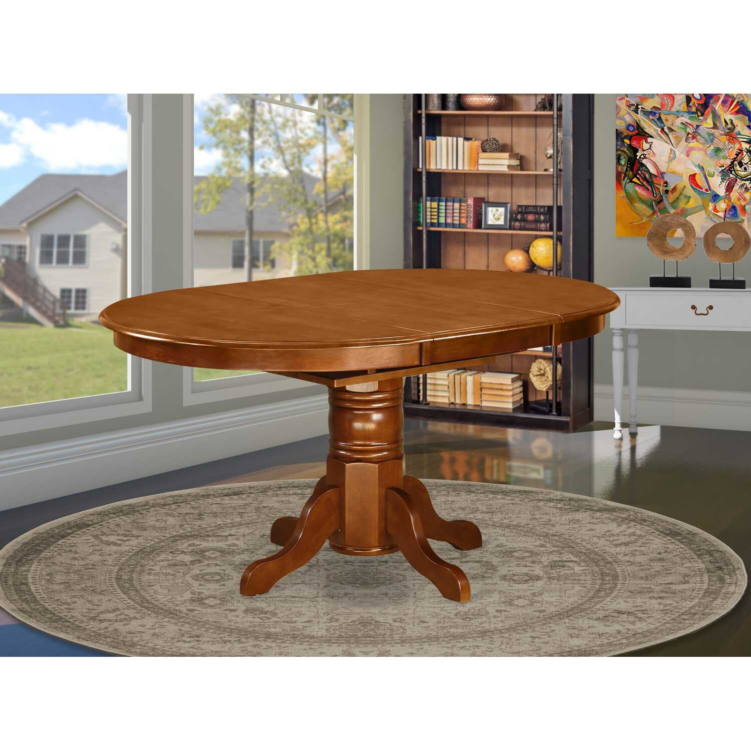 Contemporary Round Wood Extendable Dining Table in Saddle Brown