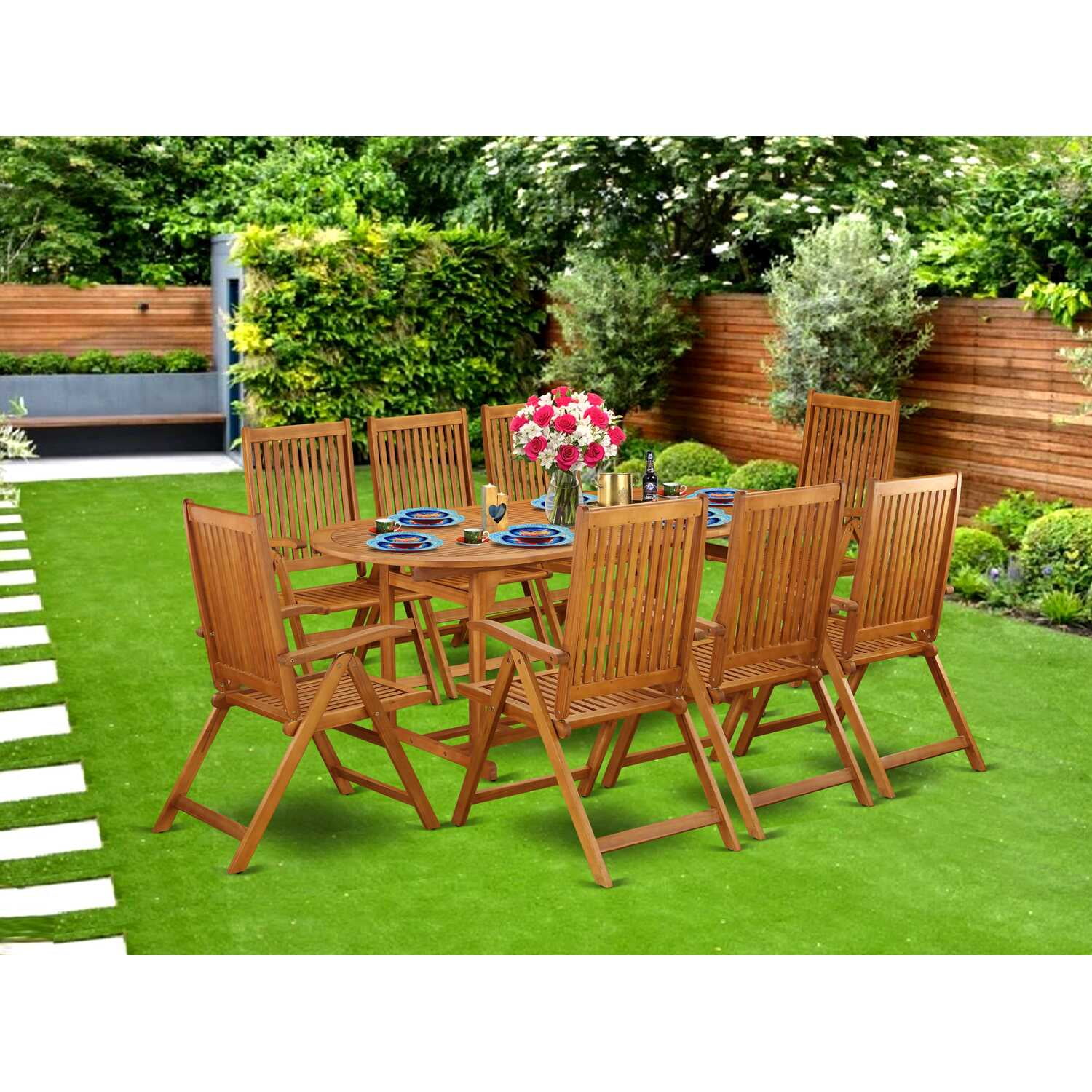 Acacia Wood 9-Piece Elegant Outdoor Dining Set in Natural Oil