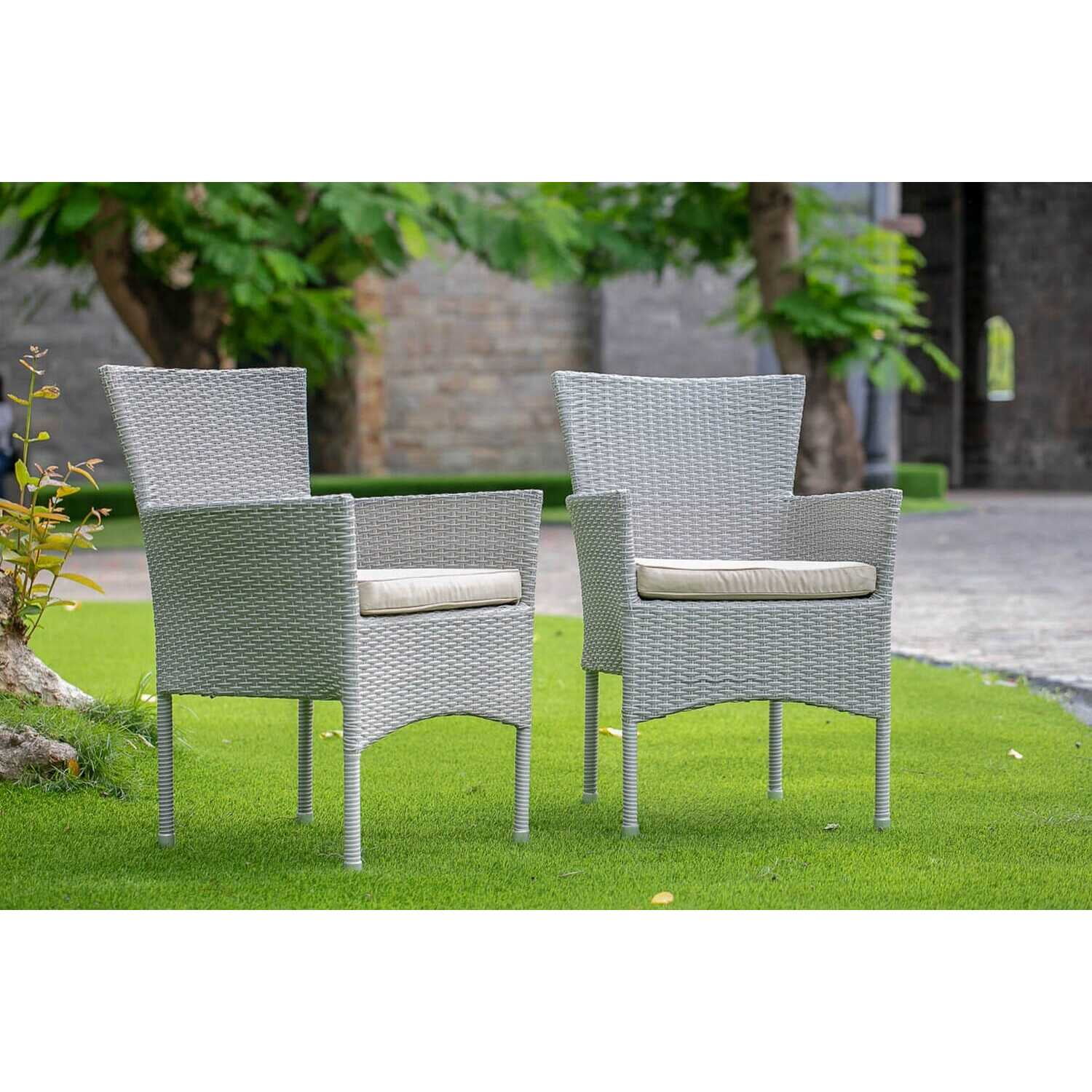 Natural Wicker and Metal Patio Dining Chairs with Cushions, Set of 2