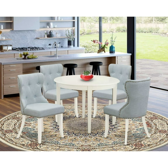 East West Furniture East-West Furniture BOSI5-WHI-15 - A wooden dining table set of 4 wonderful dining room chairs with Linen Fabric Baby Blue color and a gorgeous wooden dining table with Linen...