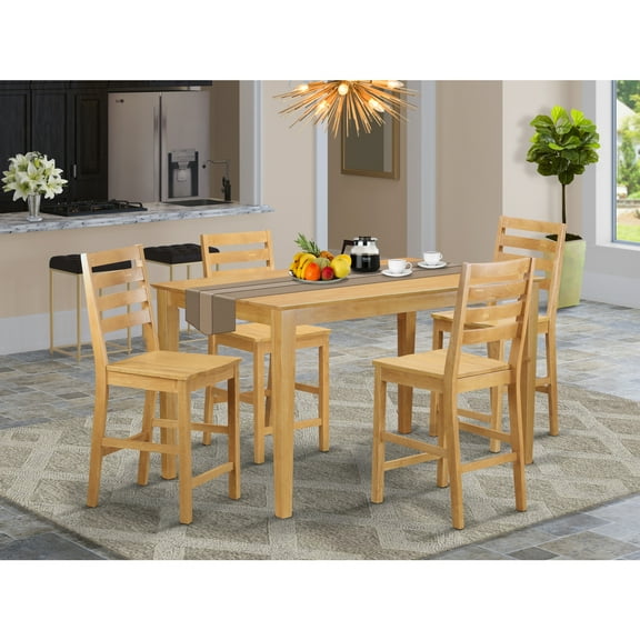 East West Furniture CACF5H-OAK-W Capri Counter Height Dining Pub Table & 4 Kitchen Chairs, Oak