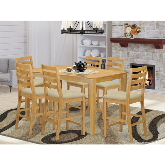 East West Furniture CACF7H-OAK-C Counter Height Pub Table & 6 Bar Stools with Backs, Oak
