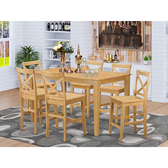 East West Furniture CAPB7H-OAK-W Counter Height Top Table & 6 Dinette Chairs, Oak