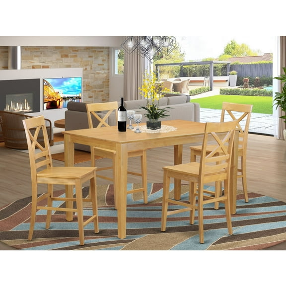 East West Furniture CAQU5H-OAK-W Capri Counter Height Pub Table & 4 Bar Stools, Oak