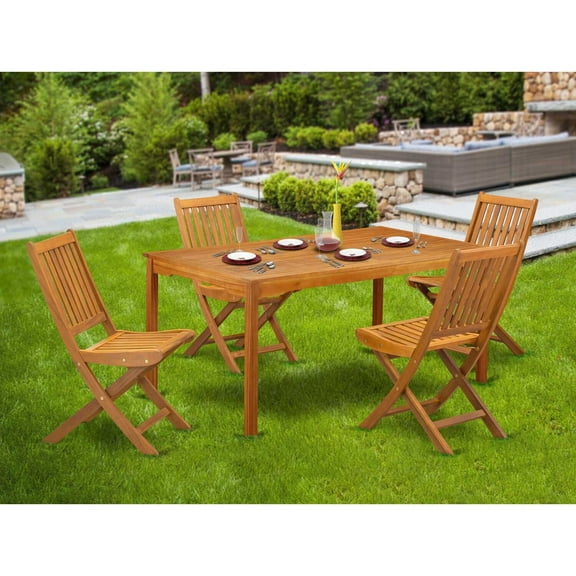 East West Furniture CMDK5CWNA 5-Pc Outdoor Coffee Table Set- 4 Outdoor Folding Chairs Slatted Back and Modern Coffee Table and Rectangle Top with Wood 4 legs - Natural Oil Finish